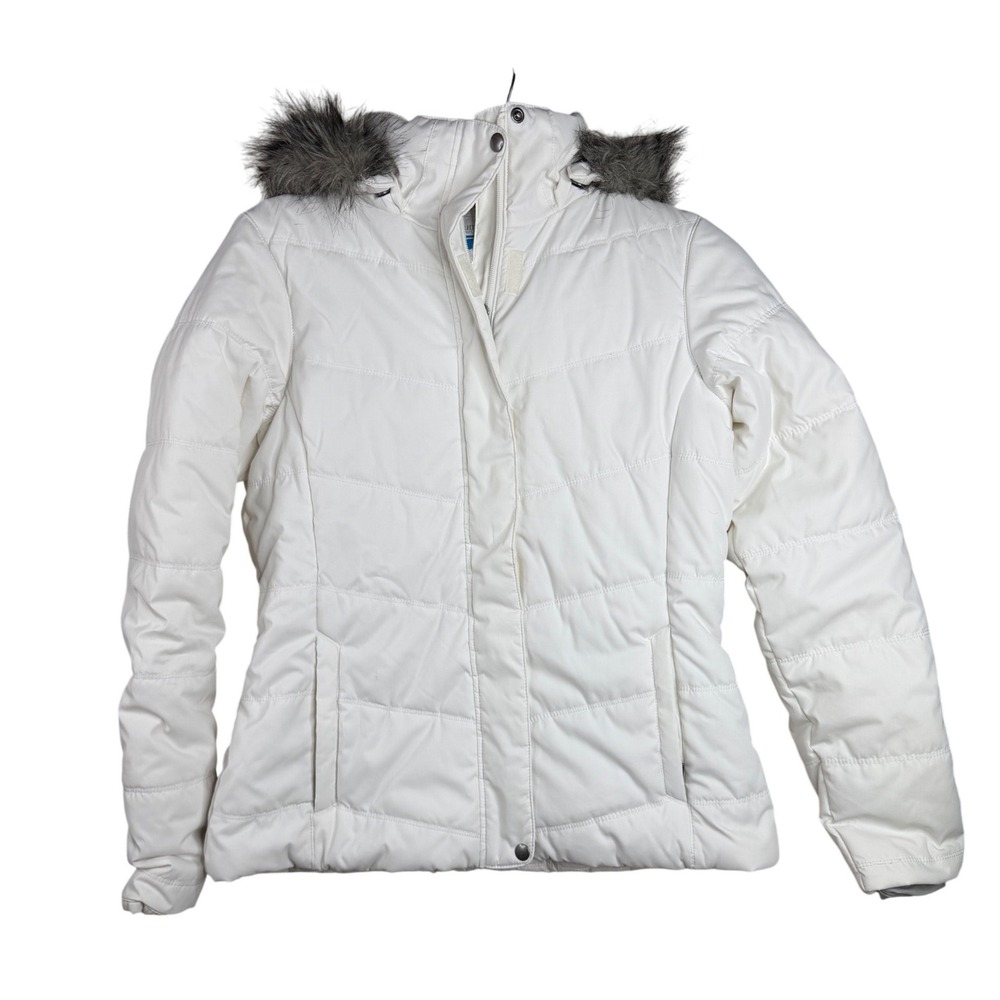 Columbia Womens Quilted Puffer Jacket Size Medium White Faux Fur Trimmed Hood